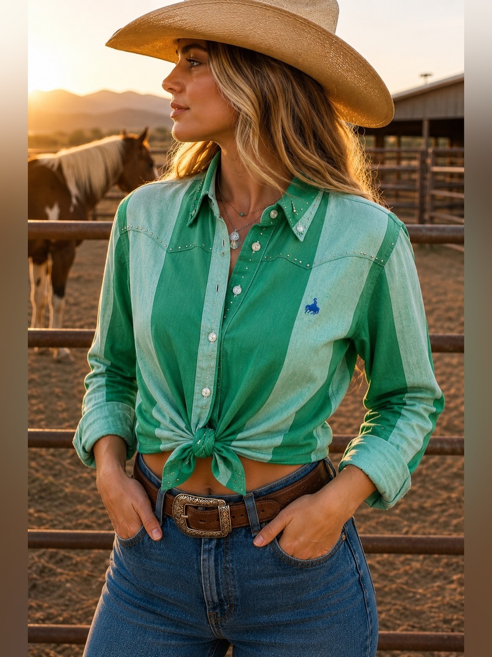 Panhandle Slim Green Western Shirt Rhinestone Detail Button Down M
